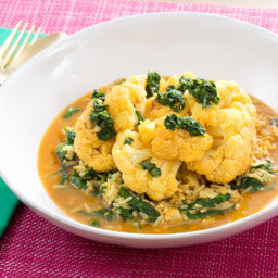 Oven-Braised Tandoori Cauliflowerwith Garlic-Spinach Rice and Mint-Lime Sau