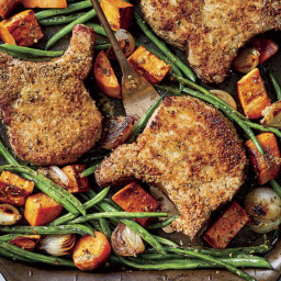 Oven-Fried Pork Chops Recipe with Sweet Potatoes and Green Beans