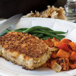 Oven Fried Pork Chops with Sweet Potato Hash Browns