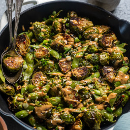 Oven Roasted Brussels Sprouts and Edamame with Spicy Peanut Sauce