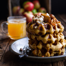 Overnight Cider Pumpkin Waffles w/Toasted Pecan Butter, Cider Syrup + Spice