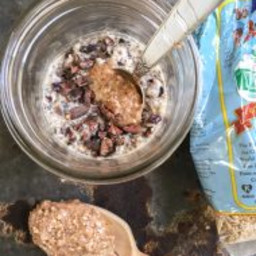 overnight refrigerator oats with almond butter and cacao nibs