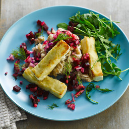Pan-cooked feta with beetroot salsa and bean mash