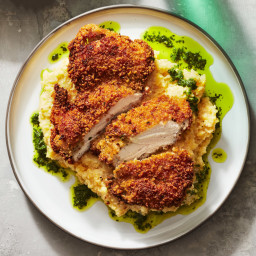 Pan-Fried Chicken with Mustard Greens Pesto & Cheddar Grits