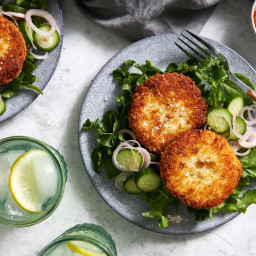 Pan-Fried Fish Cakes and Romesco Sauce with Greens and Quick Pickled Veggie