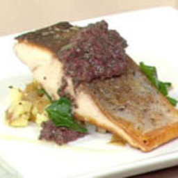 Pan-fried kingfish with crushed potatoes and black olive tapenade