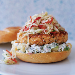 Pan-Fried Salmon Burgers with Cabbage Slaw and Avocado Aioli