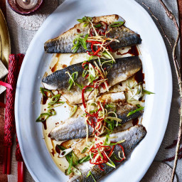 Pan-fried sea bass with ginger and spring onion