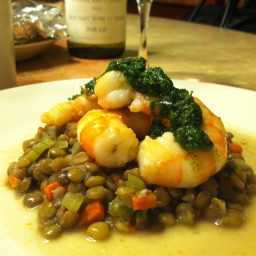 Pan Fried Shrimp with Lentils and Green Sauce