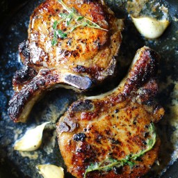 Pan-Roasted, Brown Butter-Basted Pork Chops over Wild Rice with Dried Cherr
