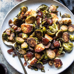Pan Roasted Brussels Sprouts with Bacon, Dates, and Halloumi