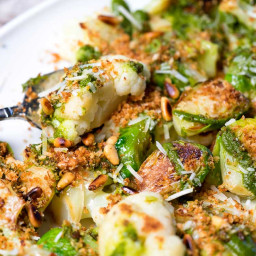 Pan Roasted Cauliflower and Brussels Sprouts with Cilantro-Mint Chimichurri
