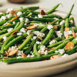 Pan-Roasted Green Beans with Candied Almonds and Fresh Goat Cheese