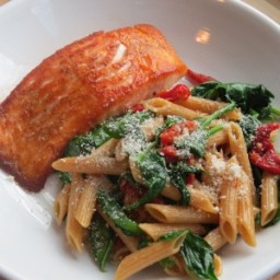 Pan-Roasted Salmon with Whole Wheat Penne, Spinach and Sundried Tomatoes