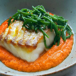Pan Seared Cod with Samphire and Red Pepper Sauce