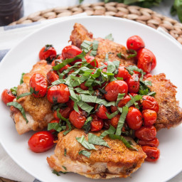 Pan-Seared Crispy Chicken Thighs with Blistered Tomatoes and Basil