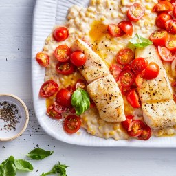 Pan-Seared Halibut with Creamed Corn and Tomatoes