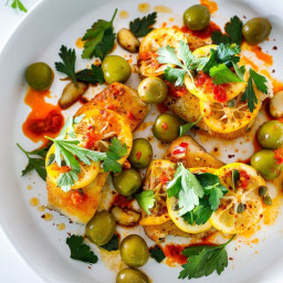 Pan-Seared Halibut with Marinated Lemons & Calabrian Chilies