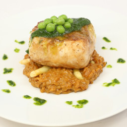 Pan-Seared Halibut with White Asparagus Risotto and Pea Purée