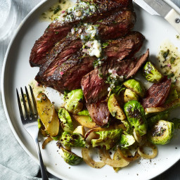 Pan-Seared Hanger Steak with Brussels Sprouts, Potatoes, and Lemon-Herb But