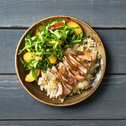 Pan-Seared Pork Chops with Shallot Thyme Pan Sauce, Peach Arugula Salad, an
