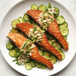 Pan-Seared Salmon With Garlicky Miso-Tahini Sauce and amp; Salted Cucumber 