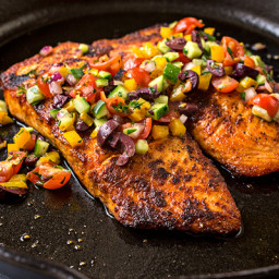 Pan Seared Salmon with Mediterranean Salsa Fresca and Toasted Couscous