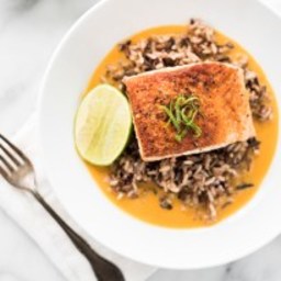 Pan Seared Salmon with Wild Rice in Coconut Curry Broth