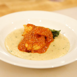 Pan-Seared Shrimp with Romesco Sauce, Creamy Grits, and Greens