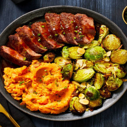 Pan-Seared Sirloin and Savory Demi-Glace Sauce with Brussels Sprouts Amandi