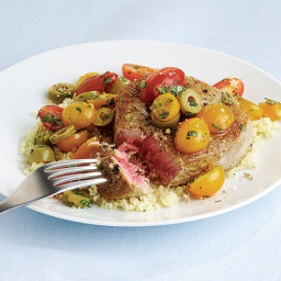 Pan-Seared Tuna Steaks with Warm Tomato, Basil, and Olive Salad