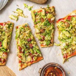Pancetta Flatbread Pizzas with Shredded Brussels Sprouts and a Chili Honey 