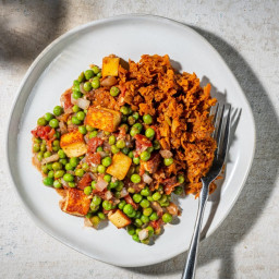 Paneer and Pea Curry With Sweet Potato Hash
