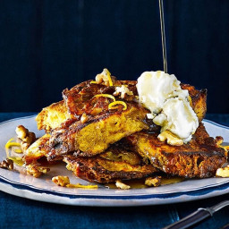 Panettone french toast with maple syrup, mascarpone and walnuts