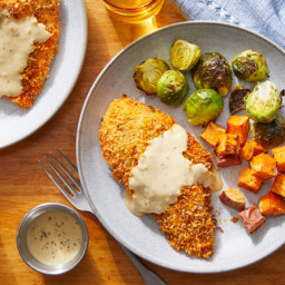 Panko-Crusted Chicken & Maple Dipping Sauce with Roasted Brussels Sprou