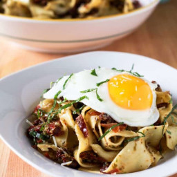 Pappardelle with Black Olive Tapenade, Sundried Tomatoes and Crispy Prosciu