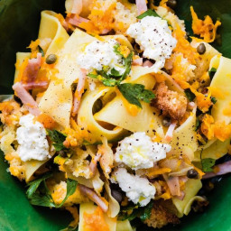 Pappardelle with pumpkin, bacon and torn bread