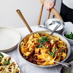 Pappardelle with rose harissa, black olives and capers (SIMPLE, pg 188)