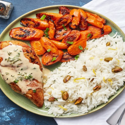 Paprika Chicken in a Lemony Sauce with Pistachio Rice & Roasted Carrots