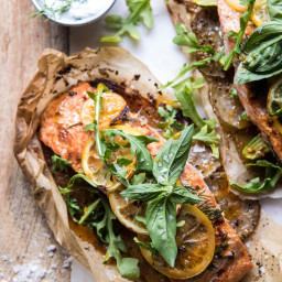 Parchment Baked Lemon Salmon and Potatoes with Dill Yogurt