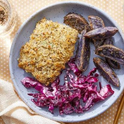 Parmesan & Panko-Crusted Cod with Purple Potatoes & Cabbage Slaw