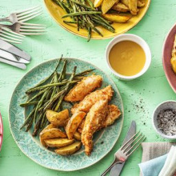 Parmesan Chicken Dippers with Rosemary Fries, Green Beans, and Honey Mustar
