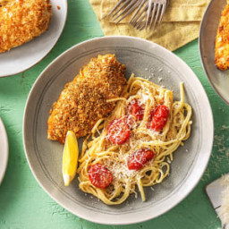 Parmesan-Crusted Chicken with Creamy Lemon Tomato Linguine