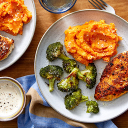 Parmesan-Crusted Chicken with Mashed Sweet Potatoes & Roasted Broccoli