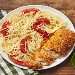 Parmesan-Crusted Chicken with Creamy Lemon Tomato Spaghetti