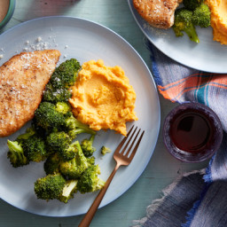 Parmesan-Crusted Chicken with Mashed Sweet Potatoes & Broccoli