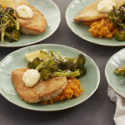 Parmesan-Crusted Chickenwith Roasted Broccoli and Mashed Sweet Potatoes