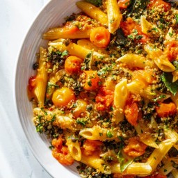 Pasta with Burst Cherry Tomato Sauce and Fried Caper Crumbs
