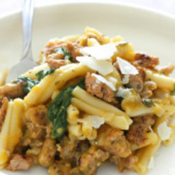 Pasta with Butternut Sauce, Spicy Sausage and Baby Spinach