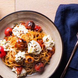 Pasta with Charred Tomatoes, Burrata and Rosemary Oil